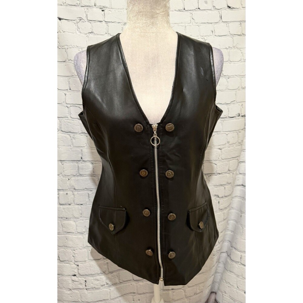 Neutral Zone Vintage Black Faux Leather Zipper Button Accent Vest Medium